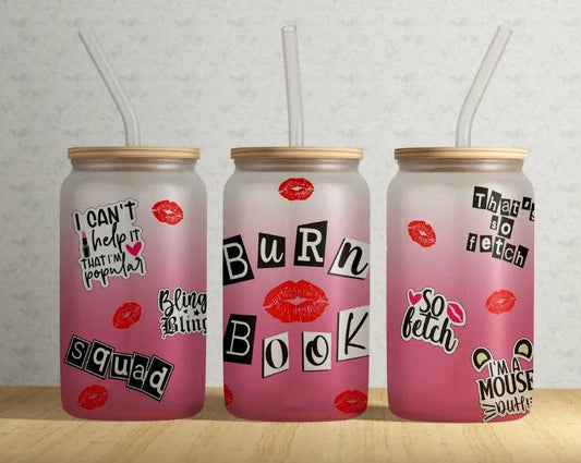 Burn Book Mean Girls 16oz Frosted Libbey Glass Tumbler